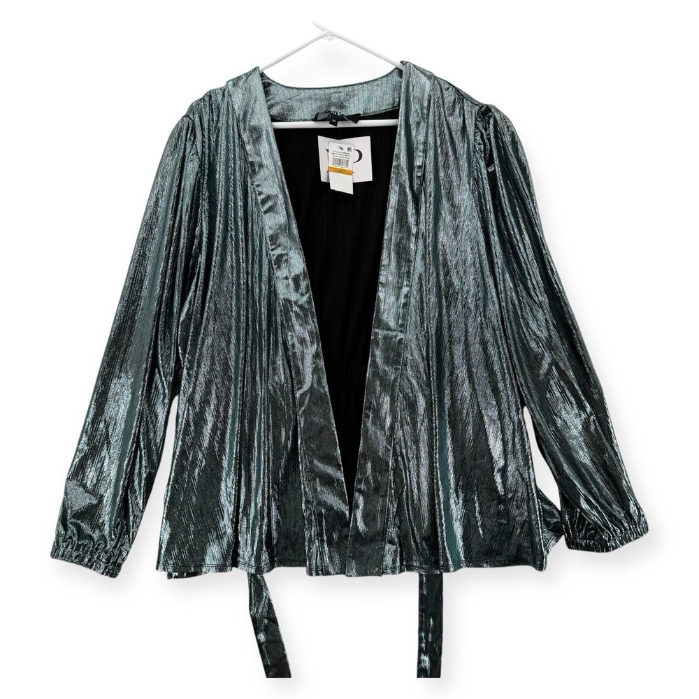 Nina Parker Metallic Jacket Womens Size 3X Tie Shiny Ice Blue Cardigan Party NEW - Picture 4 of 9